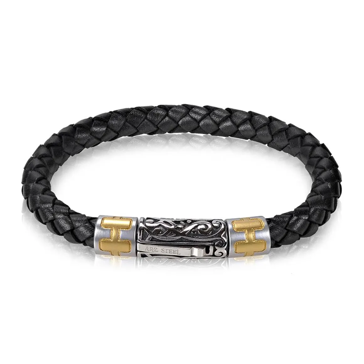A.R.Z Men's 6mm Steel Black Leather 8.5 Bracelet