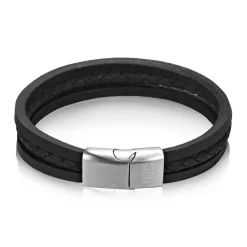 A.R.Z Men's Triple Strand Black Leather 8.5  Bracelet