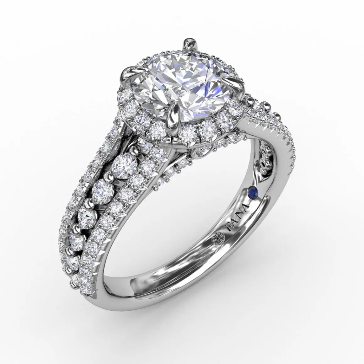 Classic Round Diamond Halo Engagement Ring With Triple-Row Diamond Band