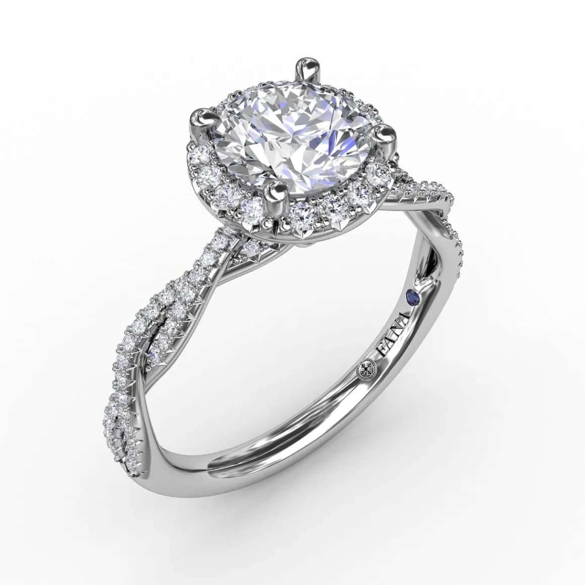 Classic Round Diamond Halo Engagement Ring With Twist Diamond Band