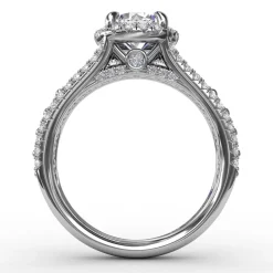 Classic Round Diamond Halo Engagement Ring With Triple-Row Diamond Band
