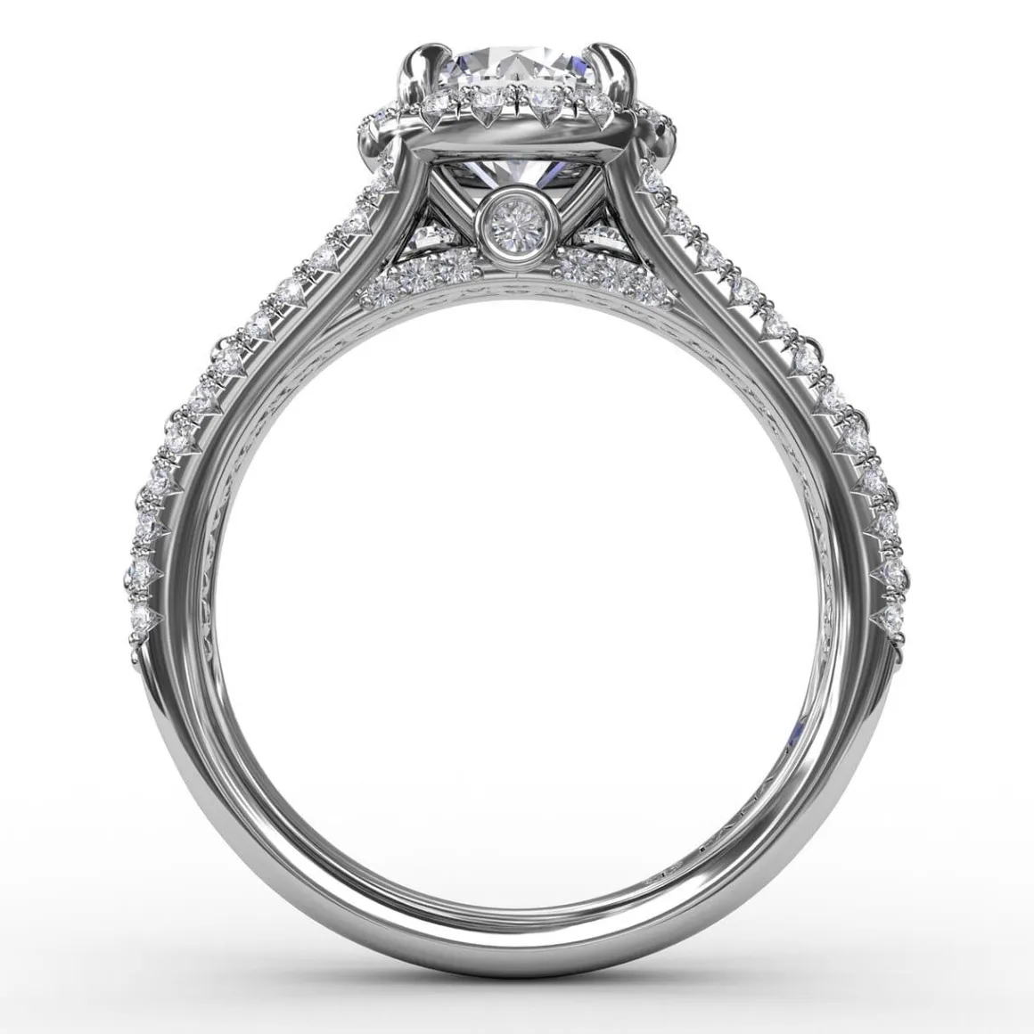Classic Round Diamond Halo Engagement Ring With Triple-Row Diamond Band