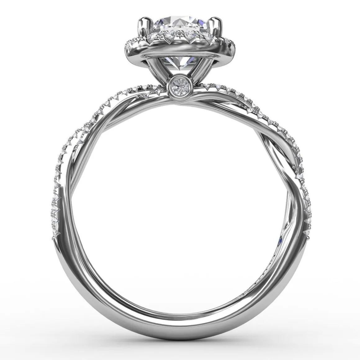 Classic Round Diamond Halo Engagement Ring With Twist Diamond Band