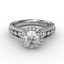 Classic Round Diamond Halo Engagement Ring With Triple-Row Diamond Band