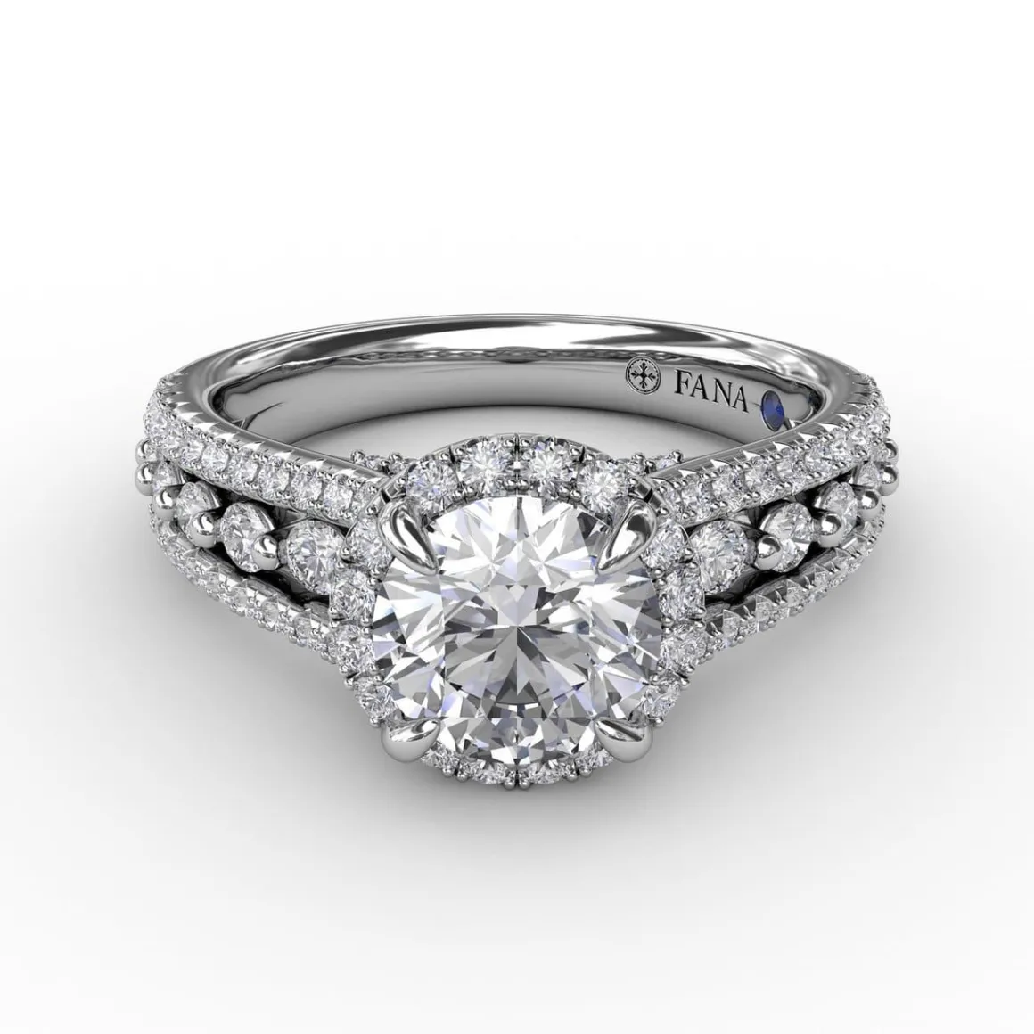 Classic Round Diamond Halo Engagement Ring With Triple-Row Diamond Band