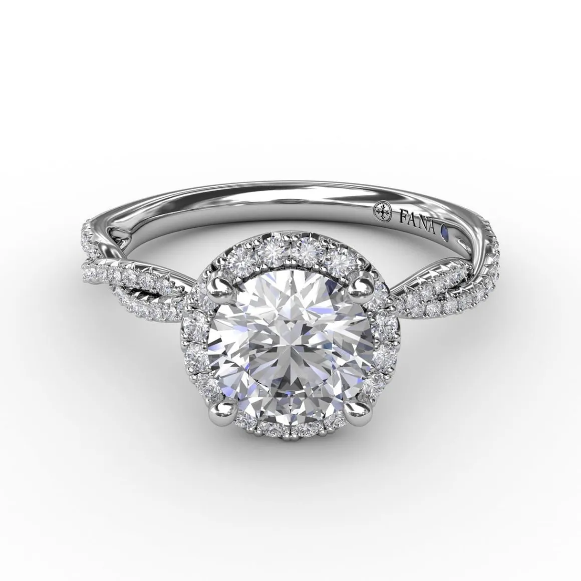 Classic Round Diamond Halo Engagement Ring With Twist Diamond Band