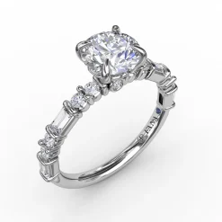 Contemporary Diamond Solitaire Engagement Ring With Baguettes and Round Diamond Accents