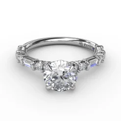 Contemporary Diamond Solitaire Engagement Ring With Baguettes and Round Diamond Accents
