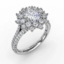 Contemporary Floral Halo Engagement Ring With Double-Row Pavé Band