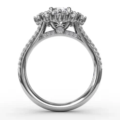 Contemporary Floral Halo Engagement Ring With Double-Row Pavé Band