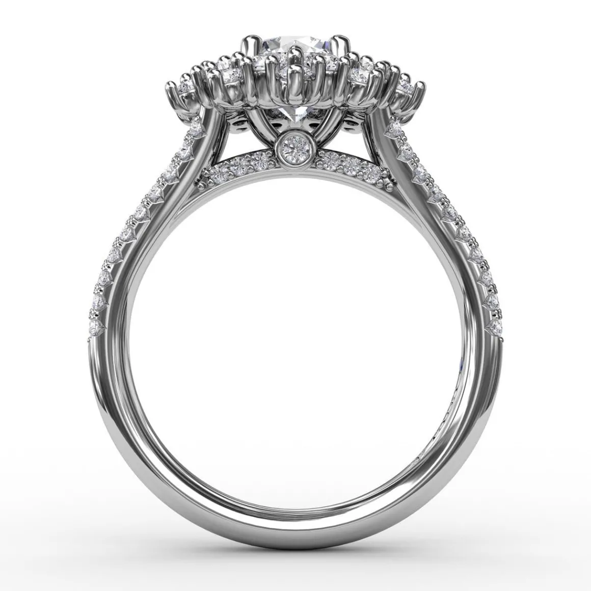 Contemporary Floral Halo Engagement Ring With Double-Row Pavé Band