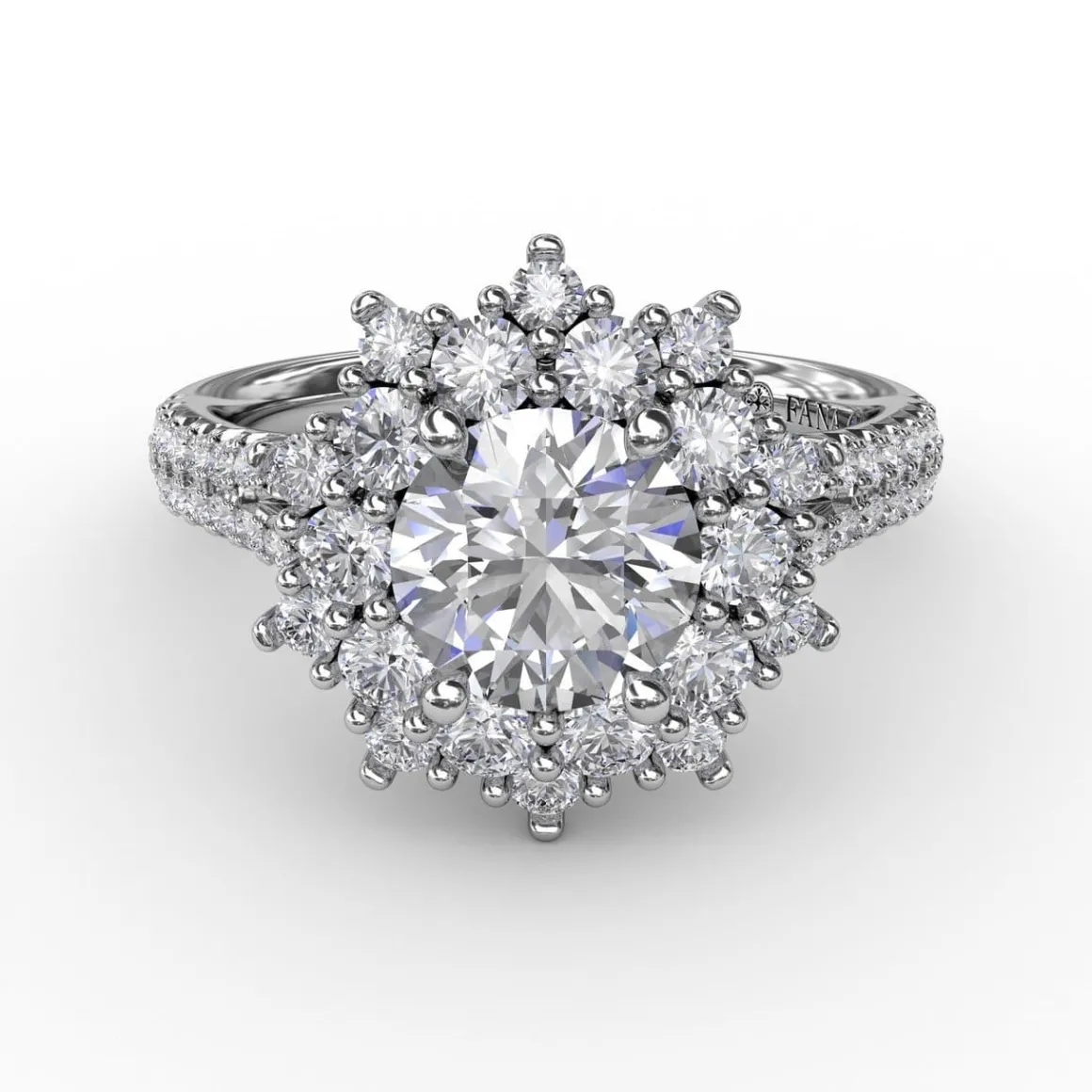 Contemporary Floral Halo Engagement Ring With Double-Row Pavé Band