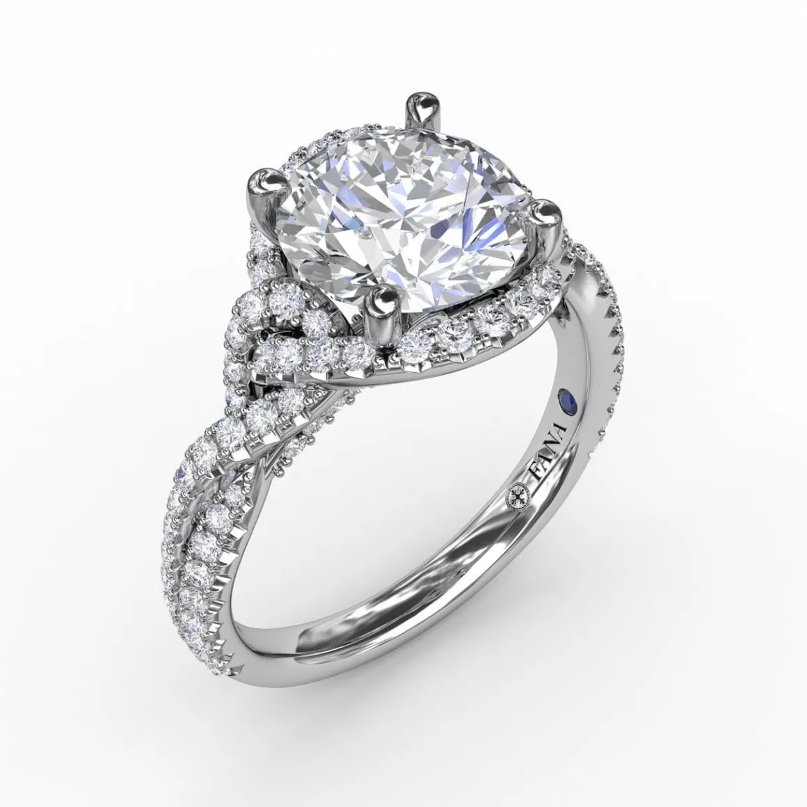 Contemporary Round Diamond Halo Engagement Ring With Twisted Shank