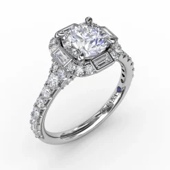 Cushion Shaped Diamond Halo Engagement Ring With Baguettes