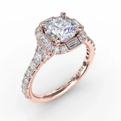 Cushion Shaped Diamond Halo Engagement Ring With Baguettes