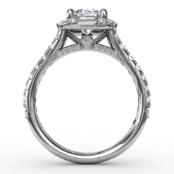 Cushion Shaped Diamond Halo Engagement Ring With Baguettes