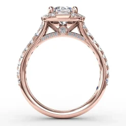 Cushion Shaped Diamond Halo Engagement Ring With Baguettes