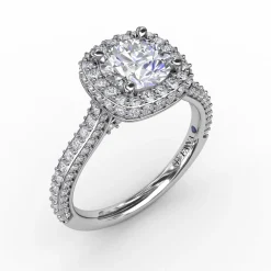 Cushion-Shaped Waterfall Halo Engagement Ring With Pavé Band