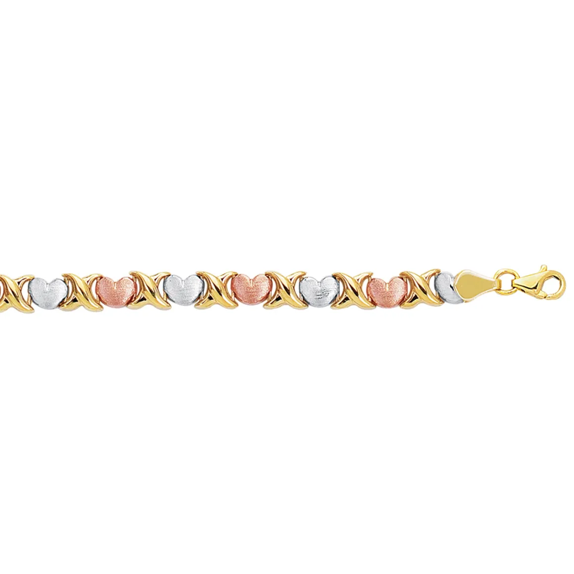 14K Tri-color Gold X & O Heart Stampato Bracelet