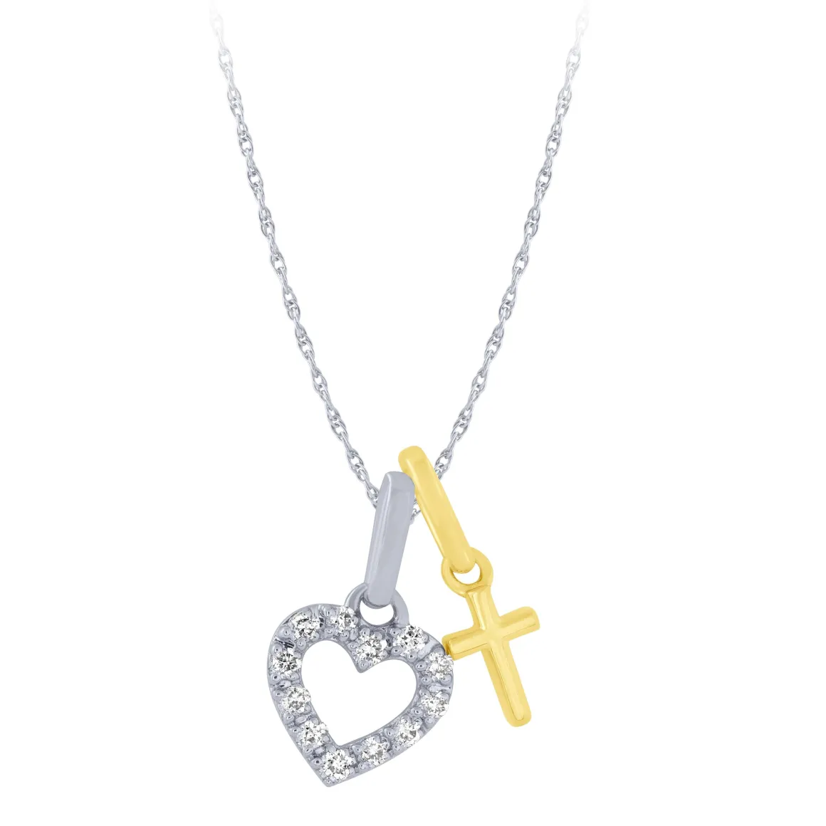 14k Two Tone Gold 1/10Ctw Heart And Cross Charm Pendant