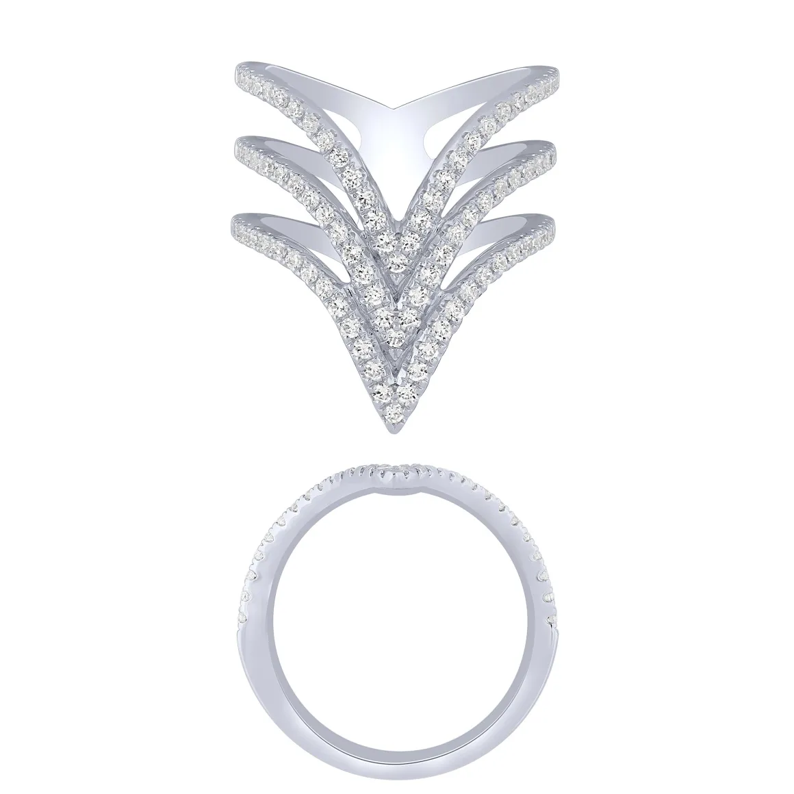 14K White Gold 2/3Ct 3 Row "V" Ring