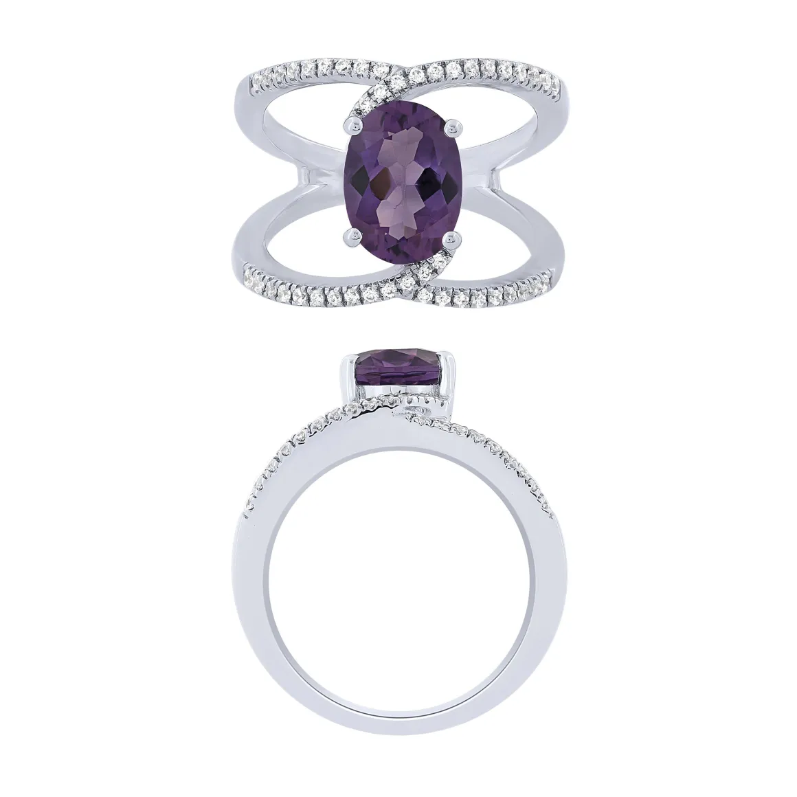 14K White Gold Diamond And Amethyst Fashion Ring