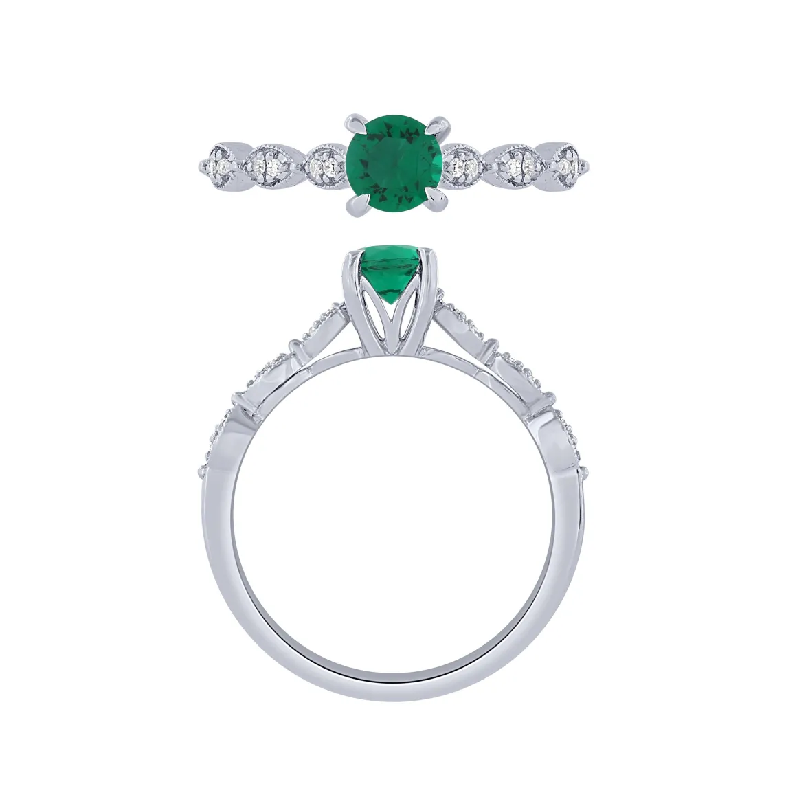 14K White Gold Diamond And Emerald Ring