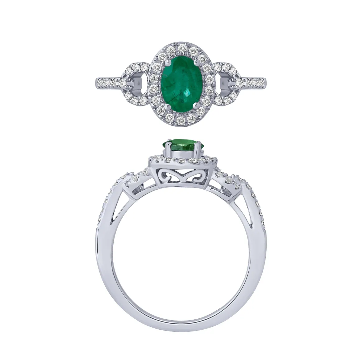 14K White Gold Emerald And Diamond Ring