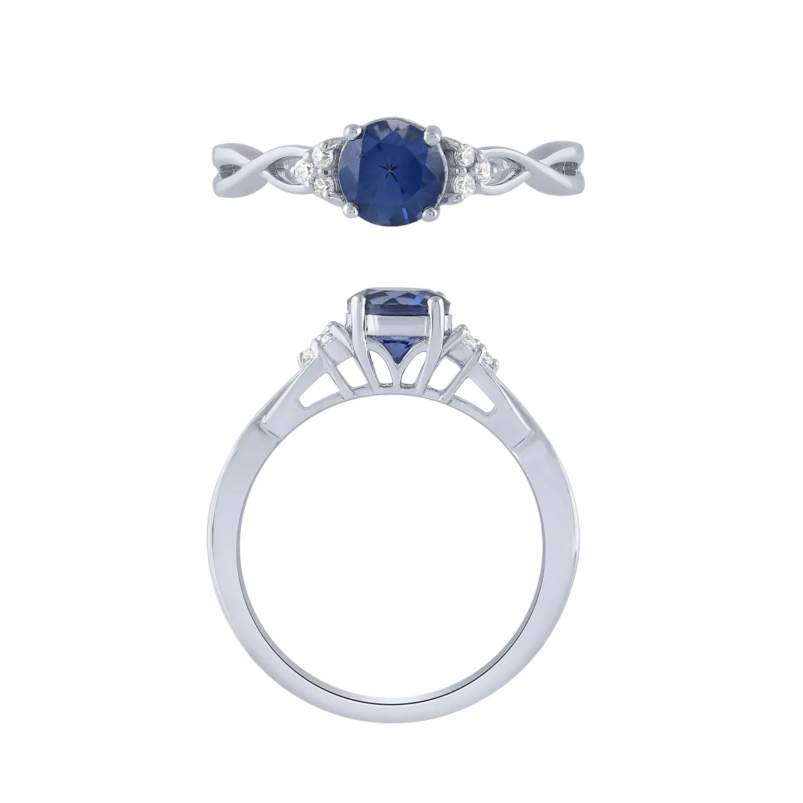 14K White Gold Sapphire And Diamond Ring With Twist Sides