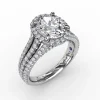 Oval Diamond Halo Engagement Ring With Triple-Row Diamond Band