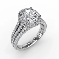 Oval Diamond Halo Engagement Ring With Triple-Row Diamond Band
