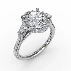 Oval Diamond Halo Engagement Ring With Pear-Shape Diamond Side Stones