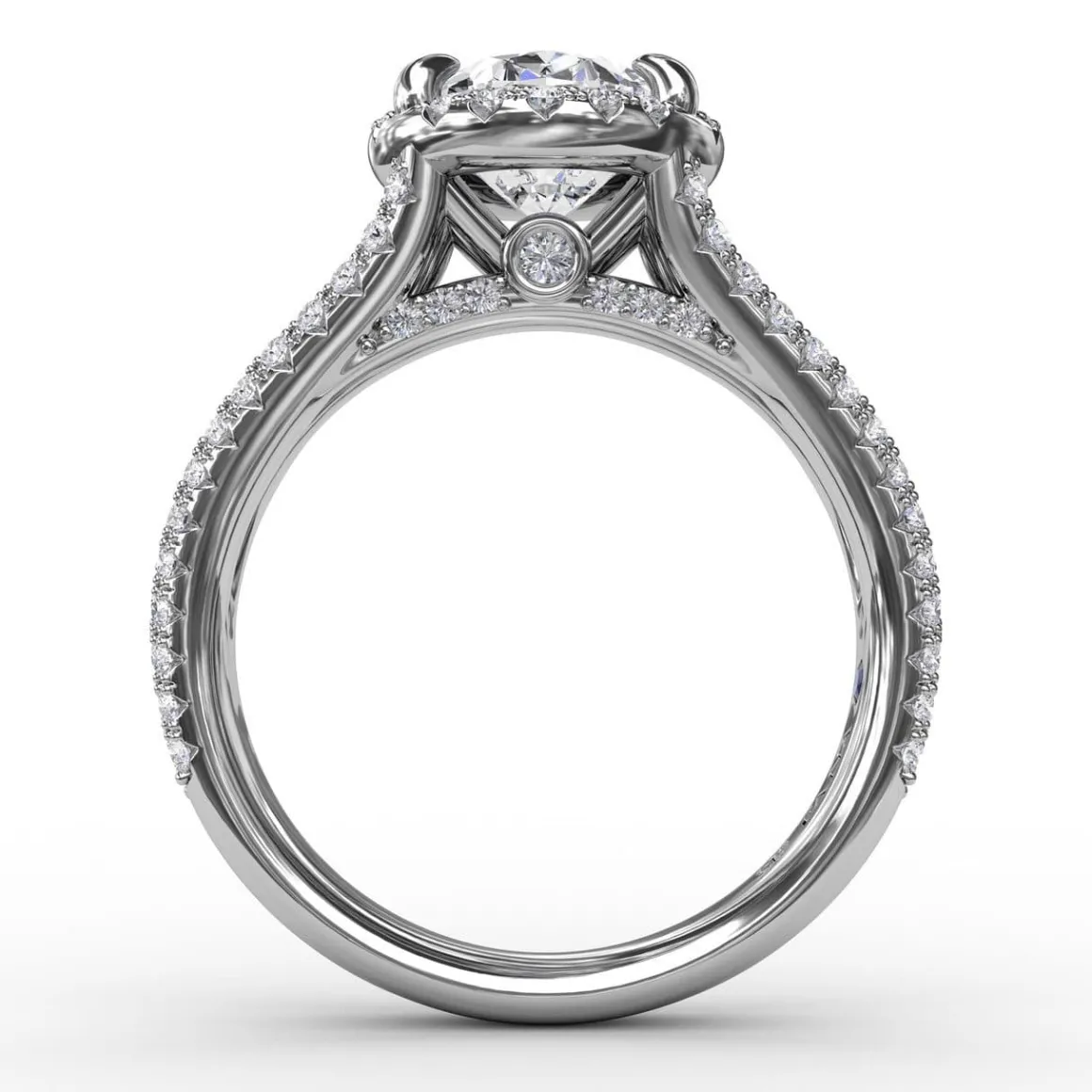 Oval Diamond Halo Engagement Ring With Triple-Row Diamond Band