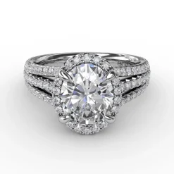 Oval Diamond Halo Engagement Ring With Triple-Row Diamond Band