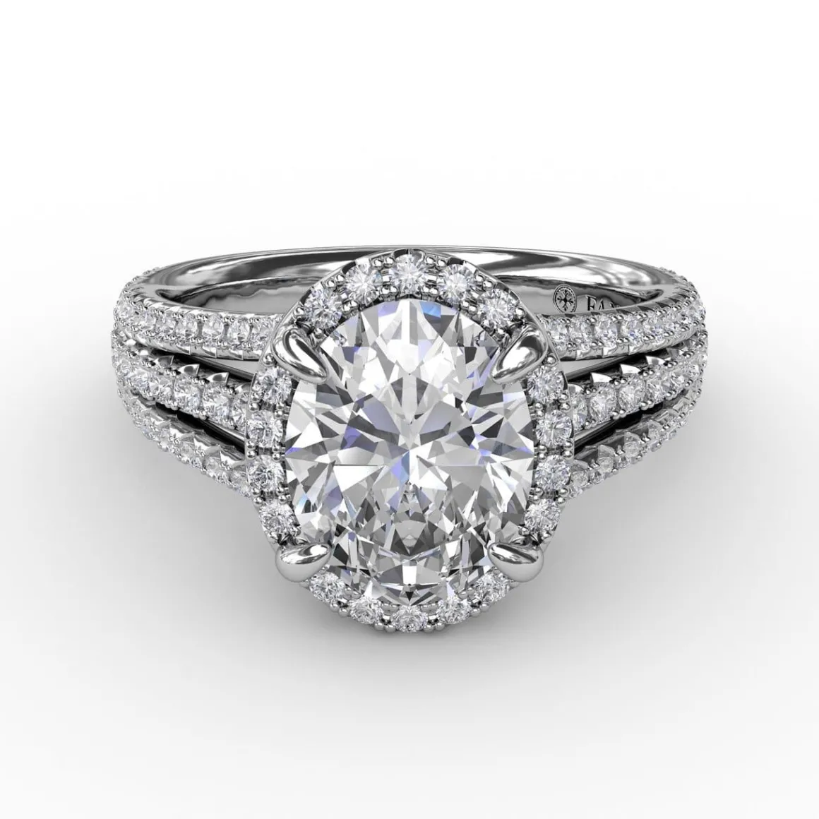 Oval Diamond Halo Engagement Ring With Triple-Row Diamond Band