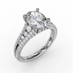Oval Diamond Solitaire Engagement Ring With Triple-Row Tapered Diamond Band