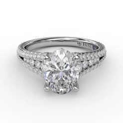 Oval Diamond Solitaire Engagement Ring With Triple-Row Tapered Diamond Band