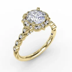 Round Diamond Engagement With Floral Halo and Milgrain Details