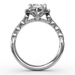 Round Diamond Engagement With Floral Halo and Milgrain Details