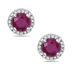 Ruby And Diamond Halo Post Earrings