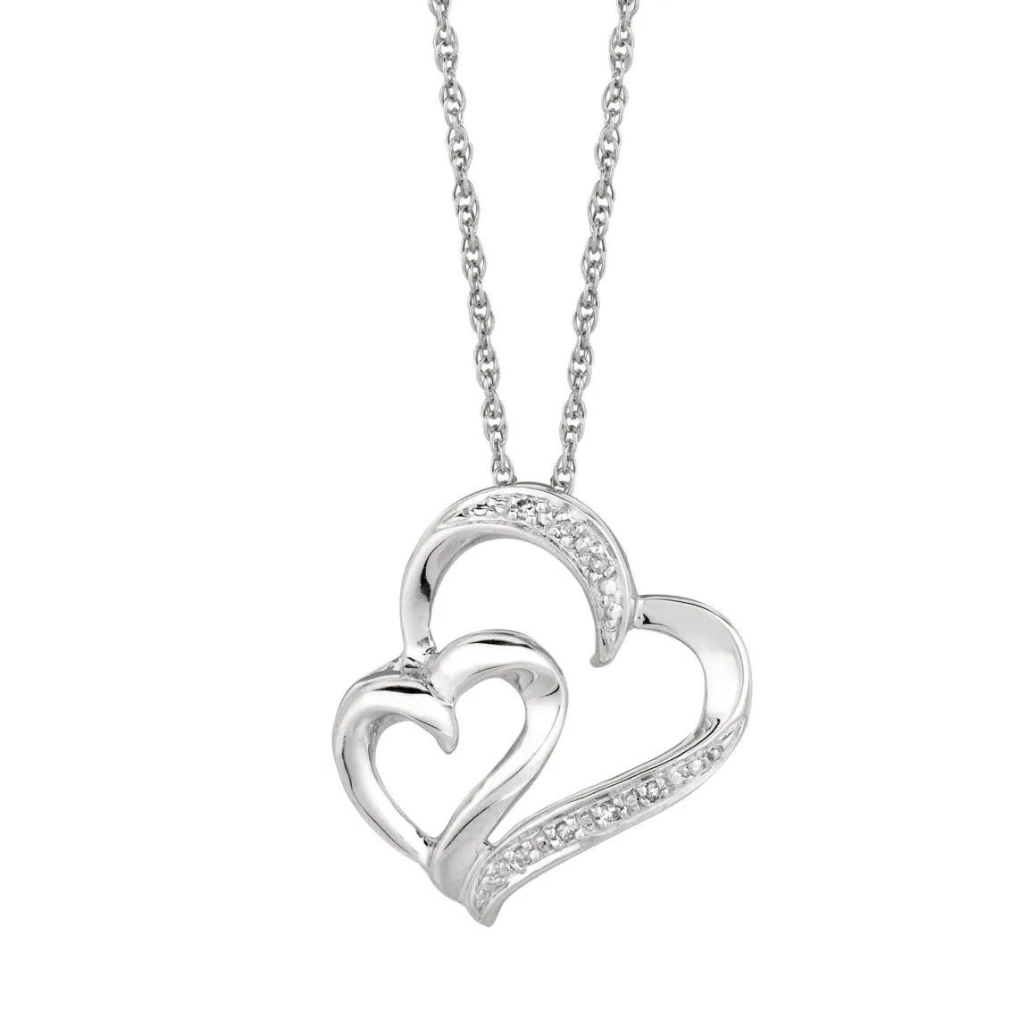 Silver 18 inches Rhodium Finish Shiny 1.1mm Cable Chain with Lobster Clasp+0.03Ct White Diamond One Small+One Large Open Heart Pendant