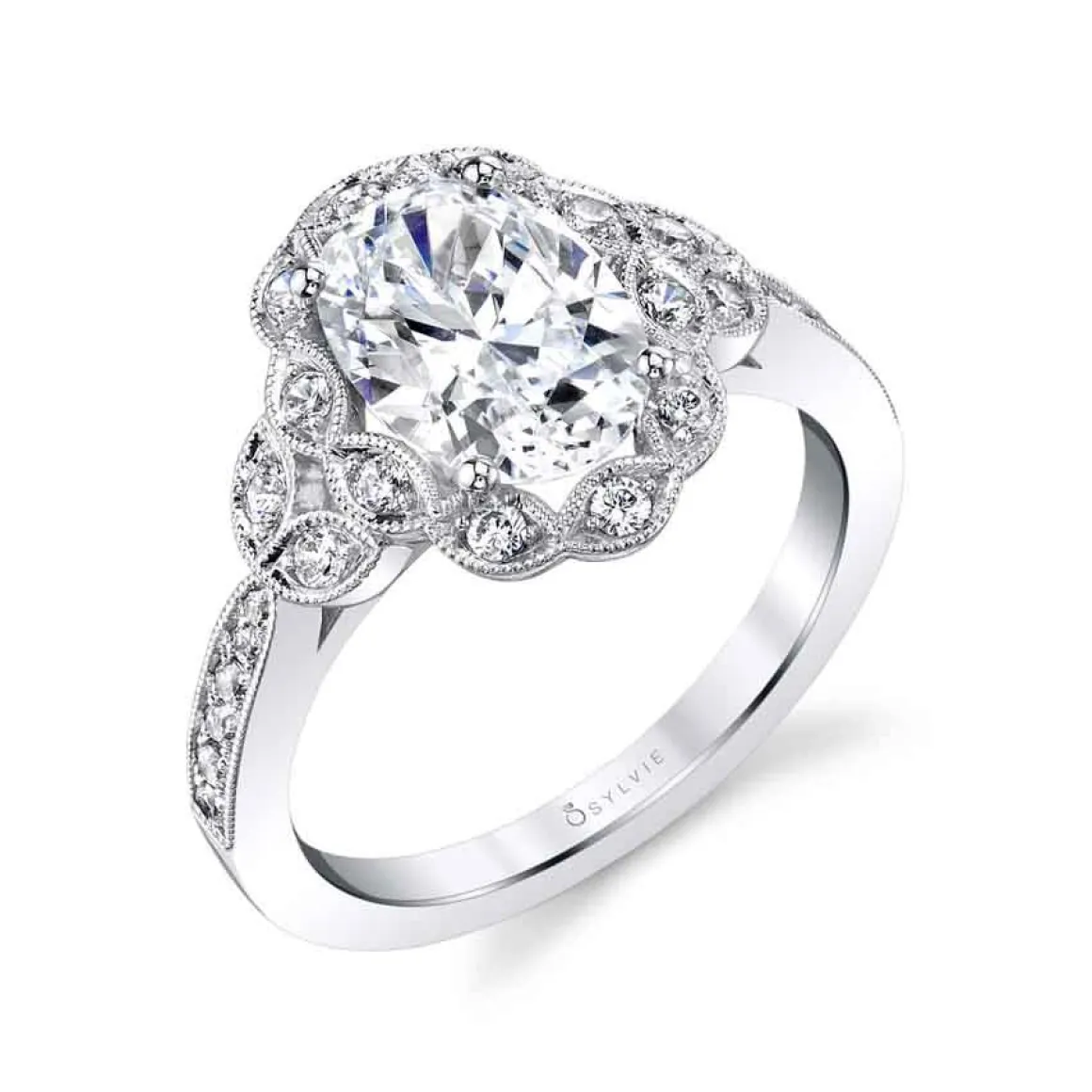 Sylvie Collection 14K White Gold Oval Halo Engagement Ring Setting W. 1.50Ct Oval/Flower Halo 14K WG