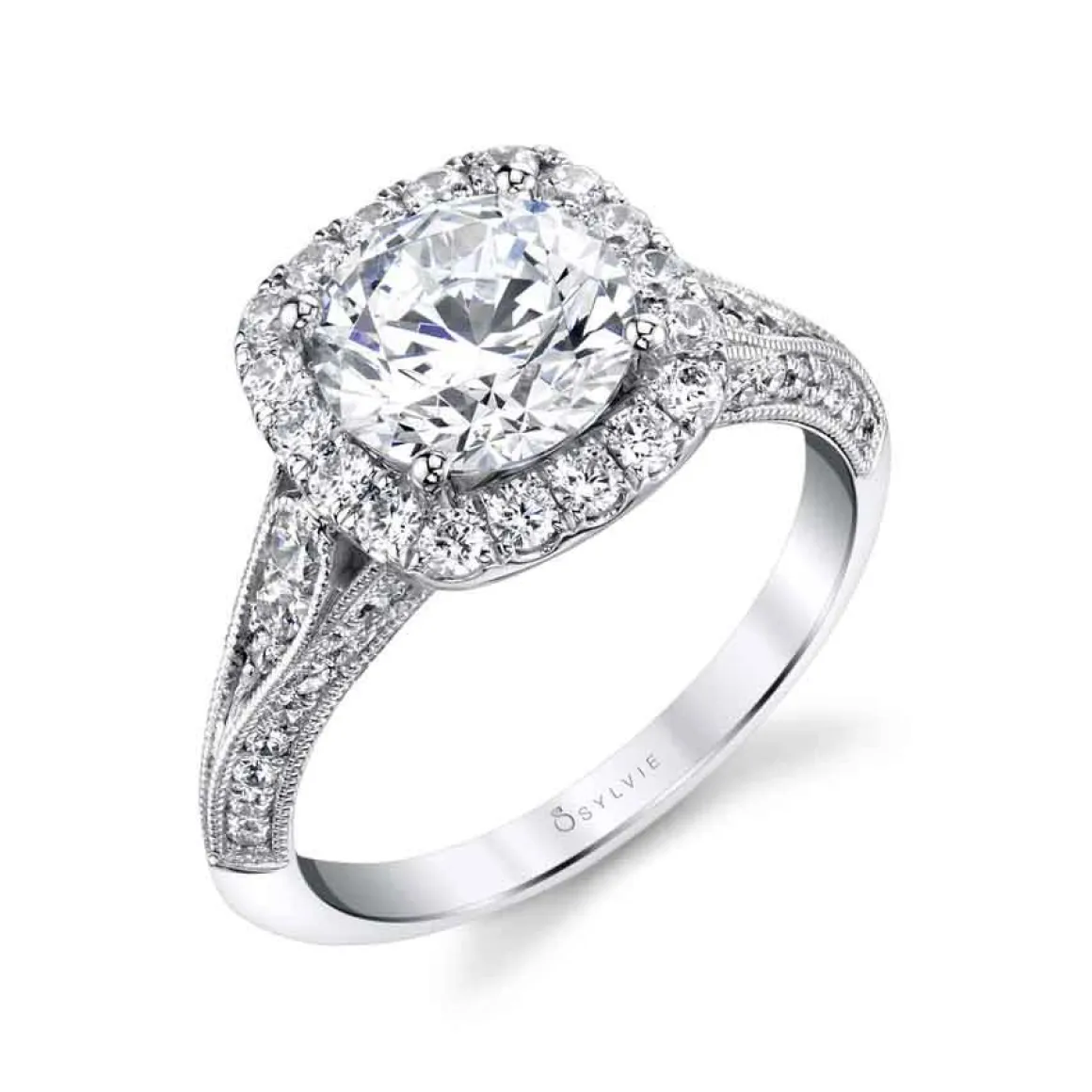 Sylvie Collection 14K White Gold Round Halo Engagement Ring Setting