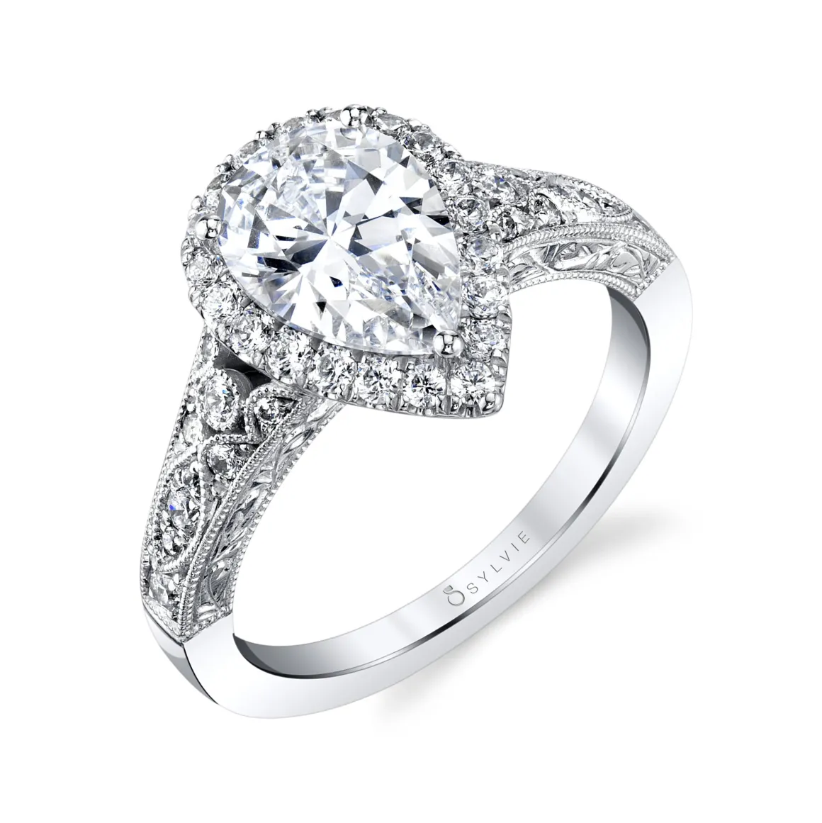 Sylvie Collection 14K White Gold Pear Engagement Ring Setting W. 2Ct Ps/Ps Halo
