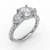 Three-Stone Round Diamond Halo Engagement Ring