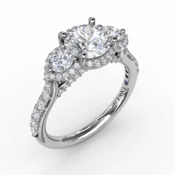 Three-Stone Round Diamond Halo Engagement Ring