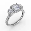 Three-Stone Round Diamond Halo Engagement Ring