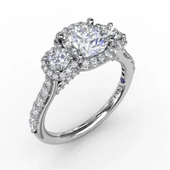 Three-Stone Round Diamond Halo Engagement Ring