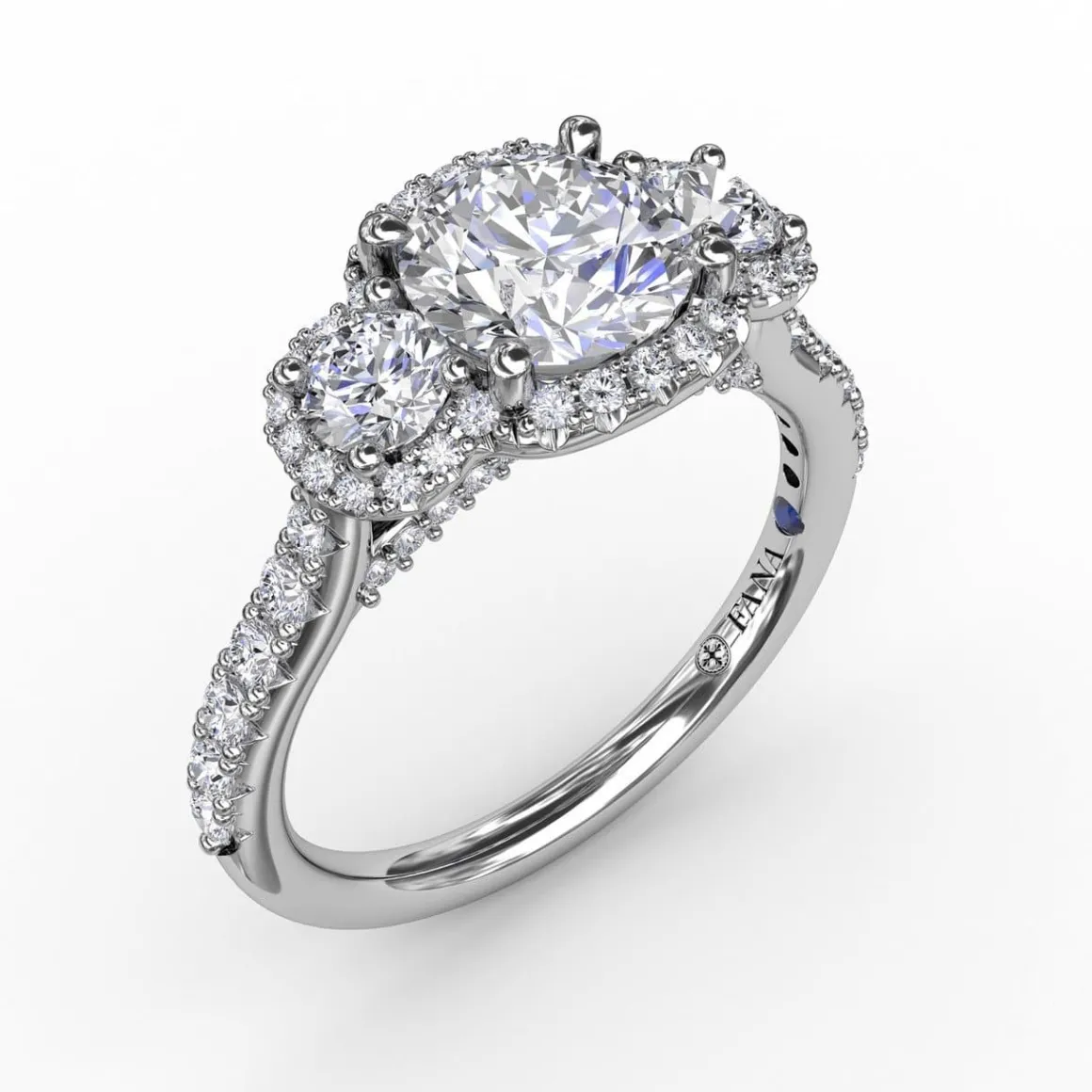 Three-Stone Round Diamond Halo Engagement Ring