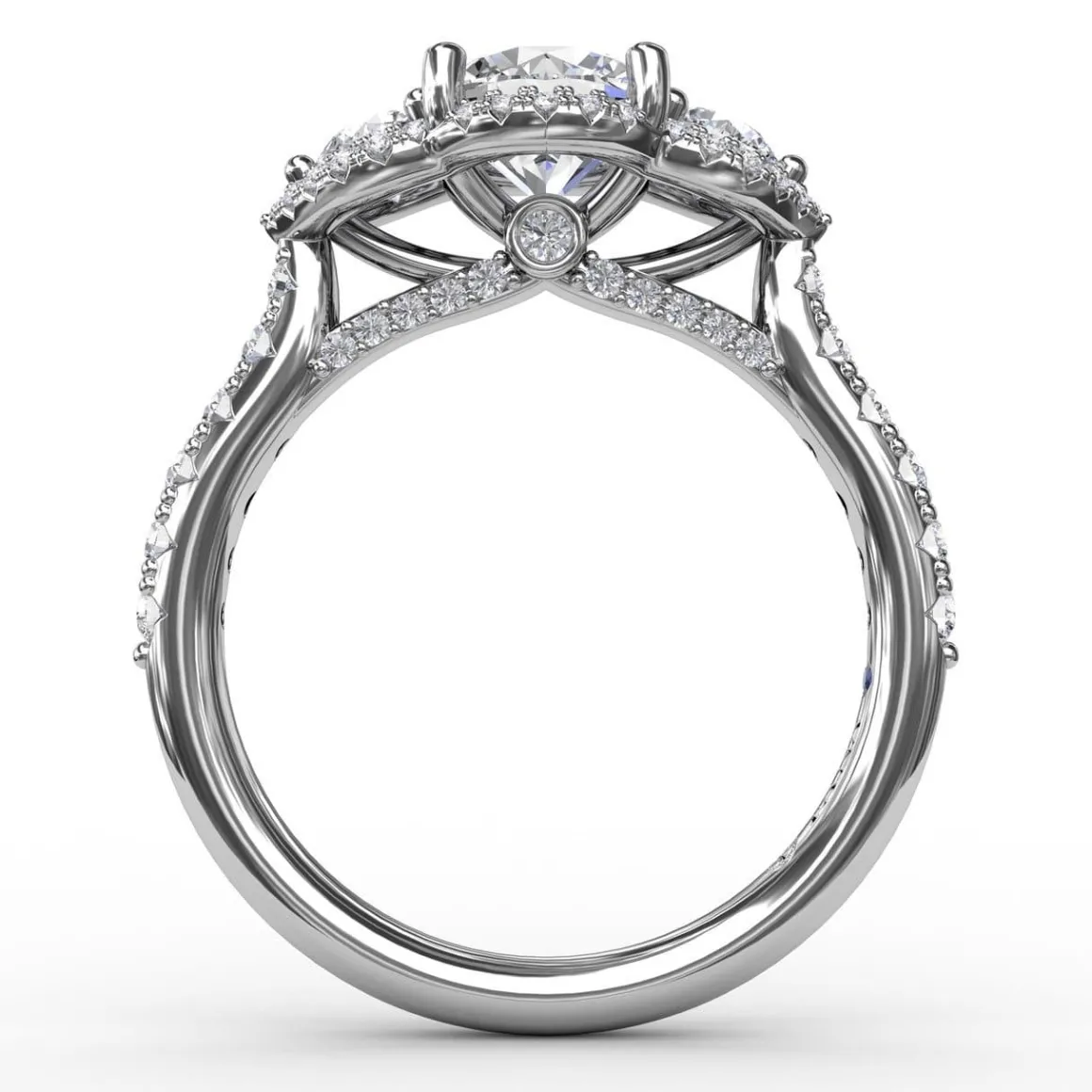 Three-Stone Round Diamond Halo Engagement Ring